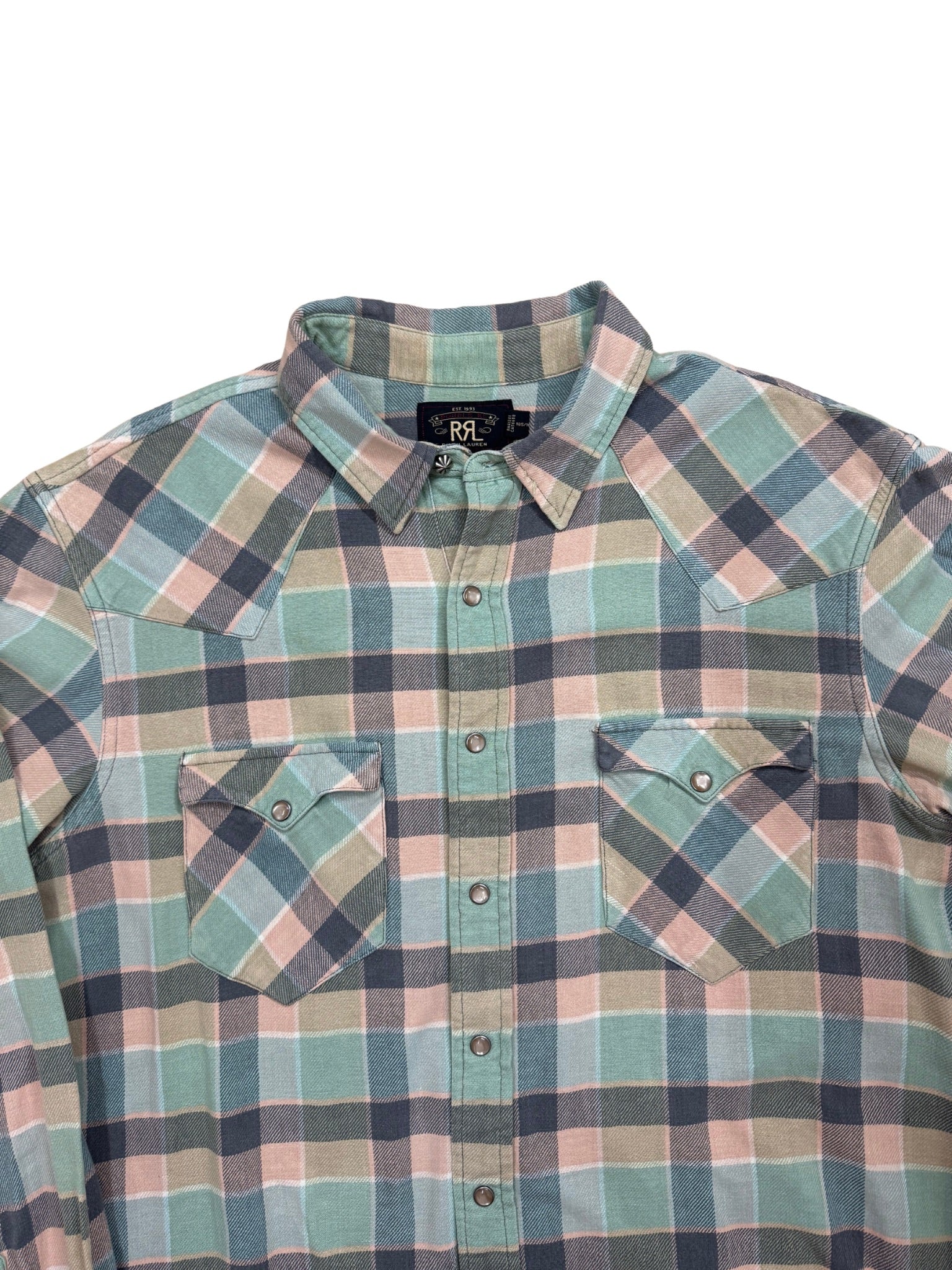 Double RL Western Snap Flannel Shirt – Mint / Faded Pink / Slate Check (XL)