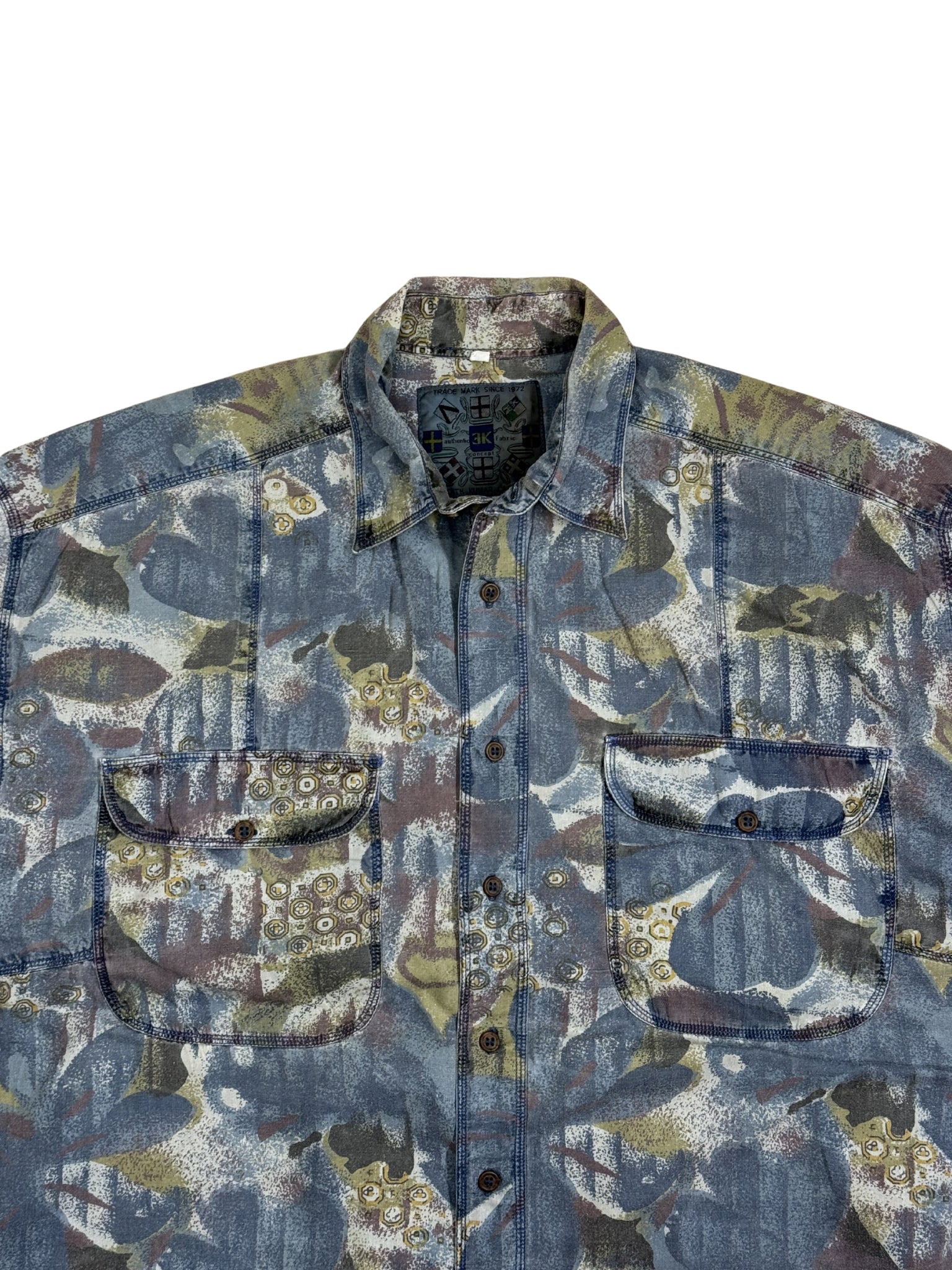 Vintage EK Fabric Concept Pattern Shirt – 90s Utility (L)