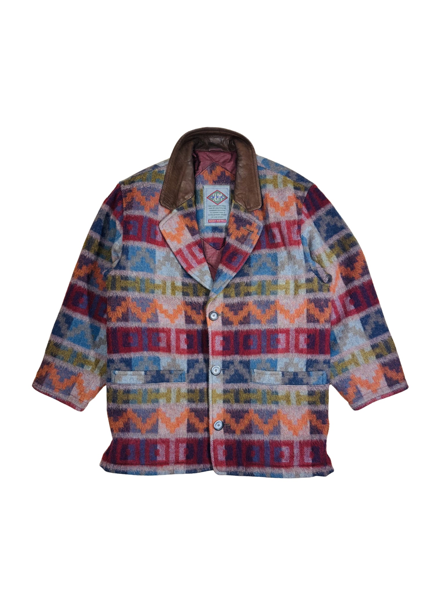 Vintage Aztec Wool Jacket with Leather Collar – 90s (L)