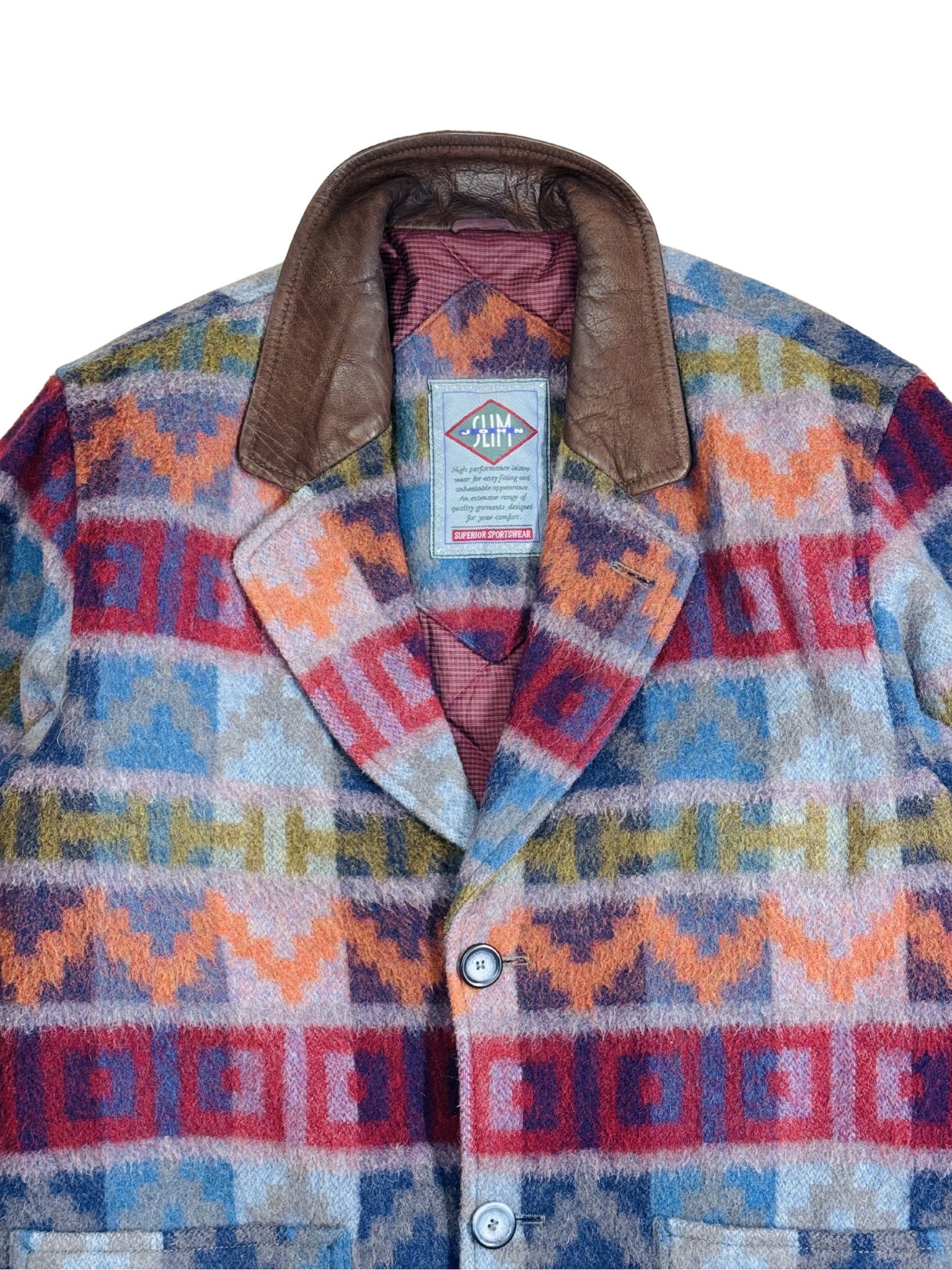 Vintage Aztec Wool Jacket with Leather Collar – 90s (L)