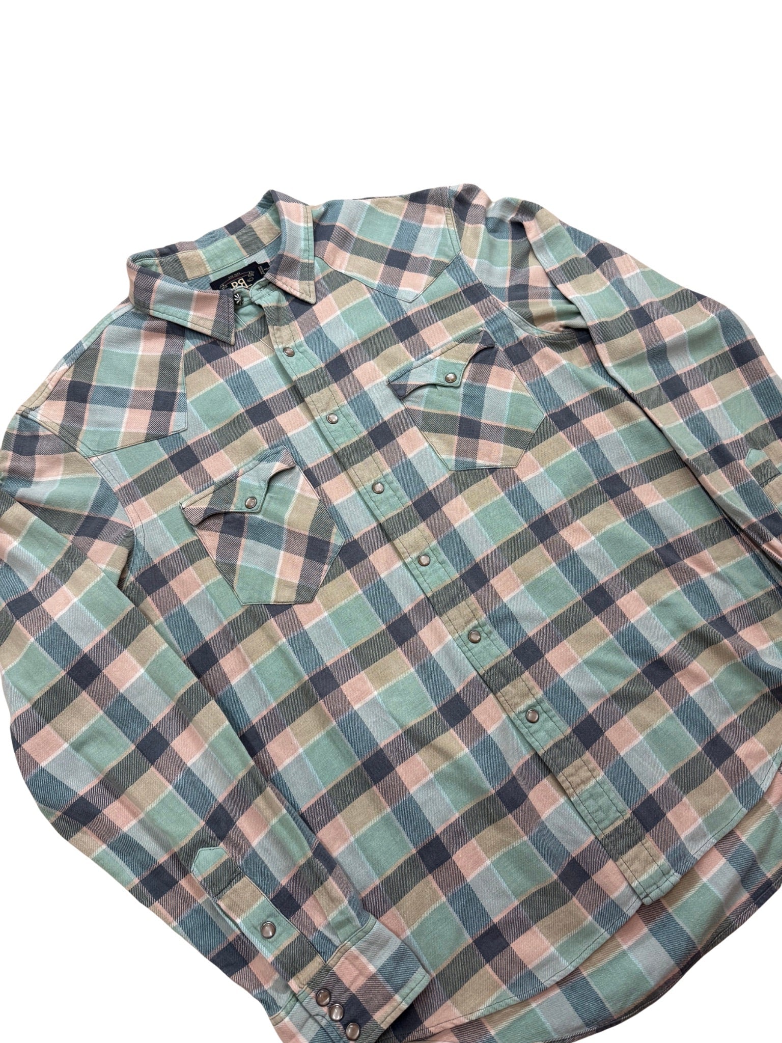 Double RL Western Snap Flannel Shirt – Mint / Faded Pink / Slate Check (XL) - Shinka
