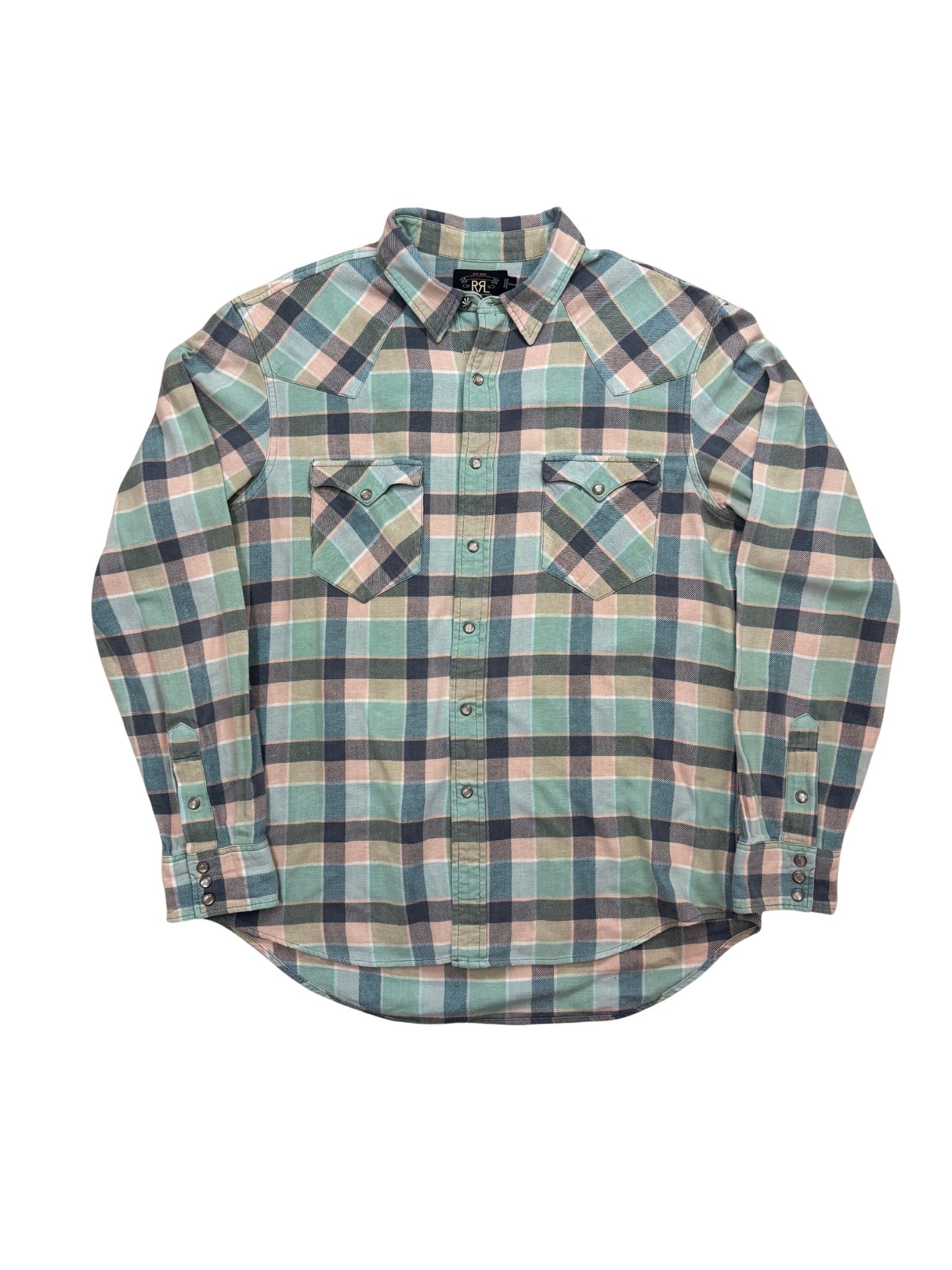 Double RL Western Snap Flannel Shirt – Mint / Faded Pink / Slate Check (XL) - Shinka
