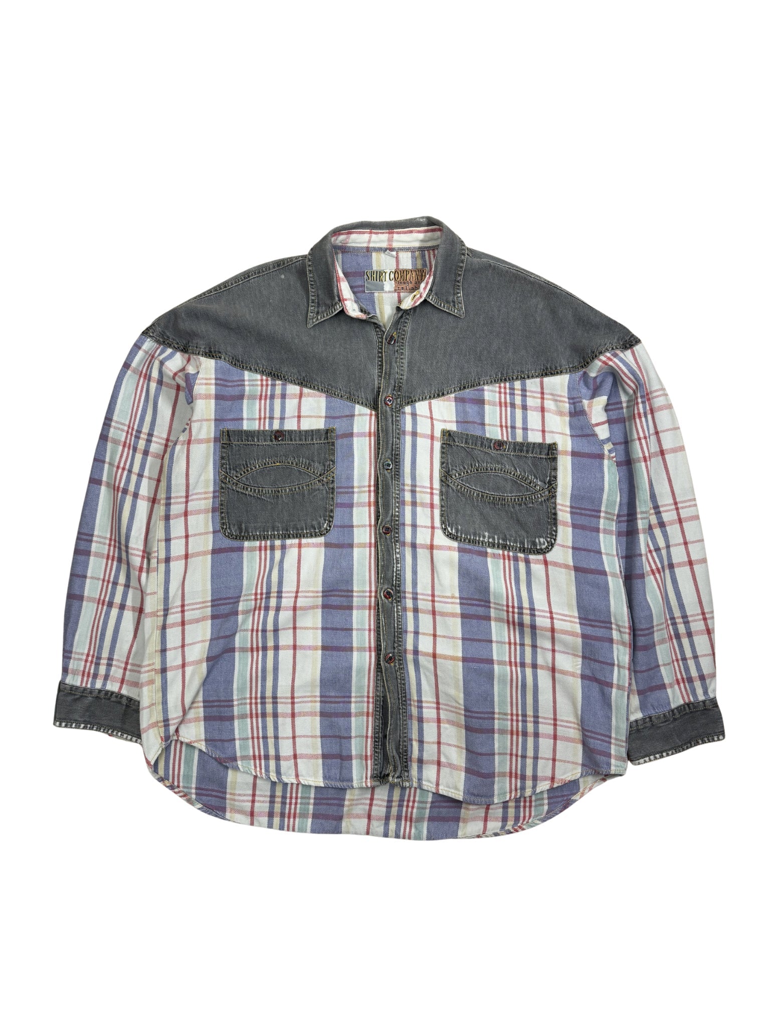 Vintage Western Patchwork Shirt – Denim & Plaid (L/XL) - Shinka