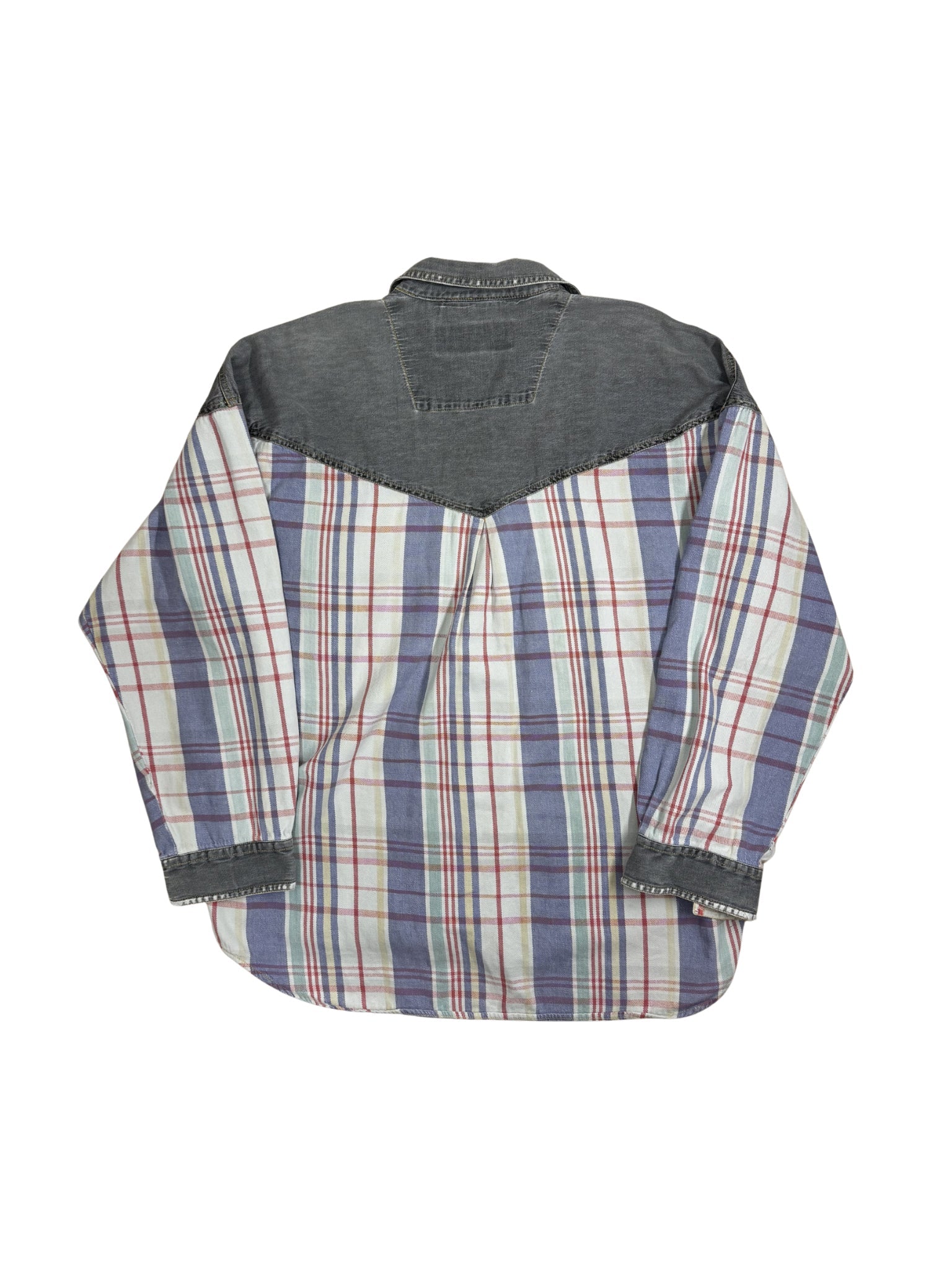 Vintage Western Patchwork Shirt – Denim & Plaid (L/XL) - Shinka