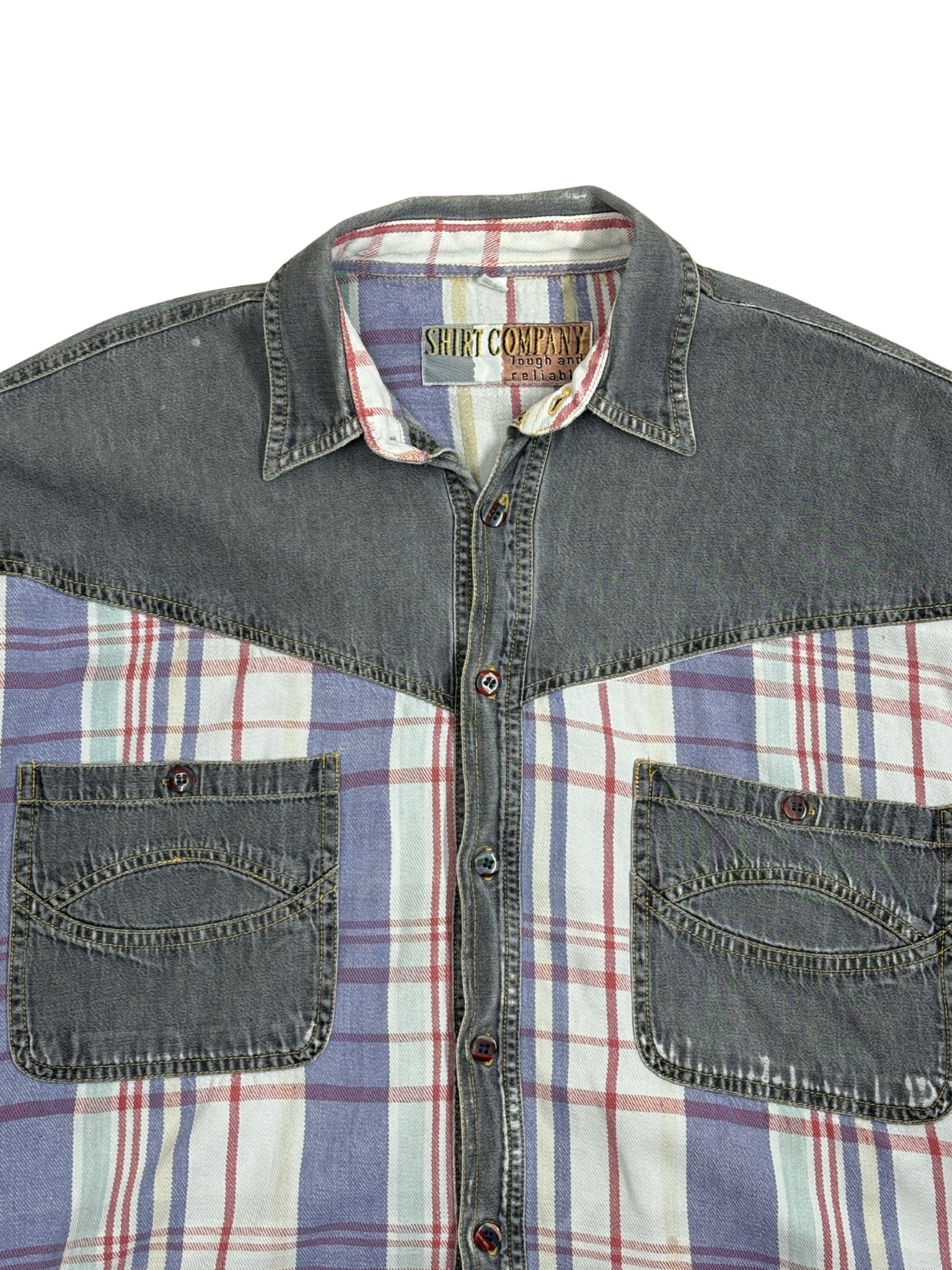 Vintage Western Patchwork Shirt – Denim & Plaid (L/XL) - Shinka