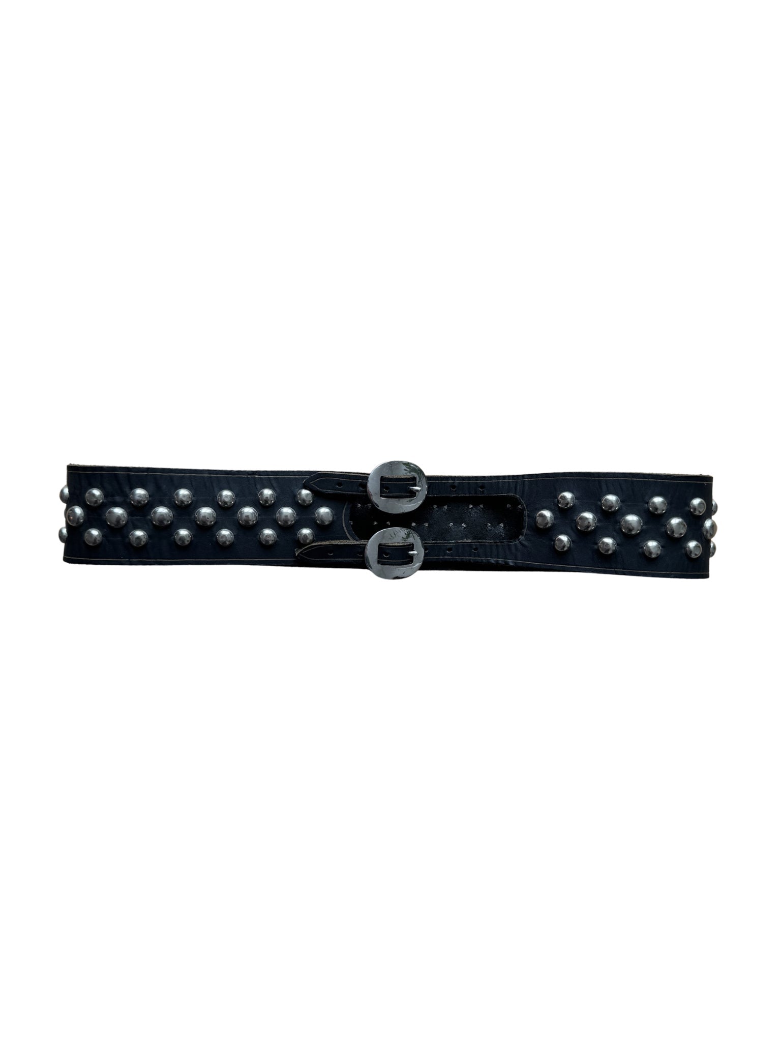 Wide Studded Leather Belt – Silver Dome Rivets, 1980s - Shinka
